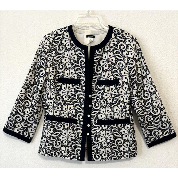 J.CREW Linen with Blue Embroidered Floral Overlay Blazer Jacket Medium Size 10 - Picture 1 of 6